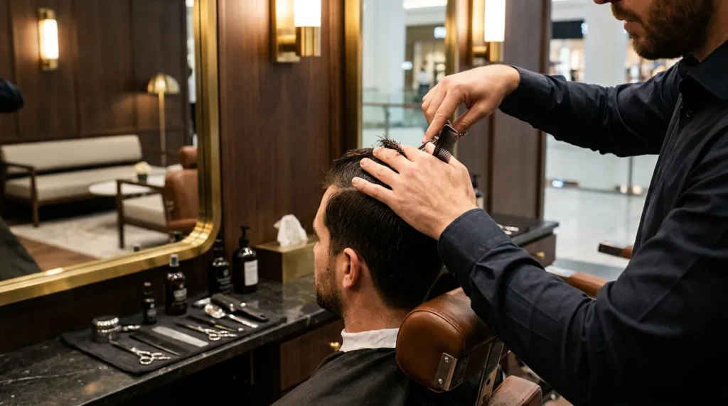 best barber in dubai: barber giving a man a scissor haircut in a clean dubai barbershop