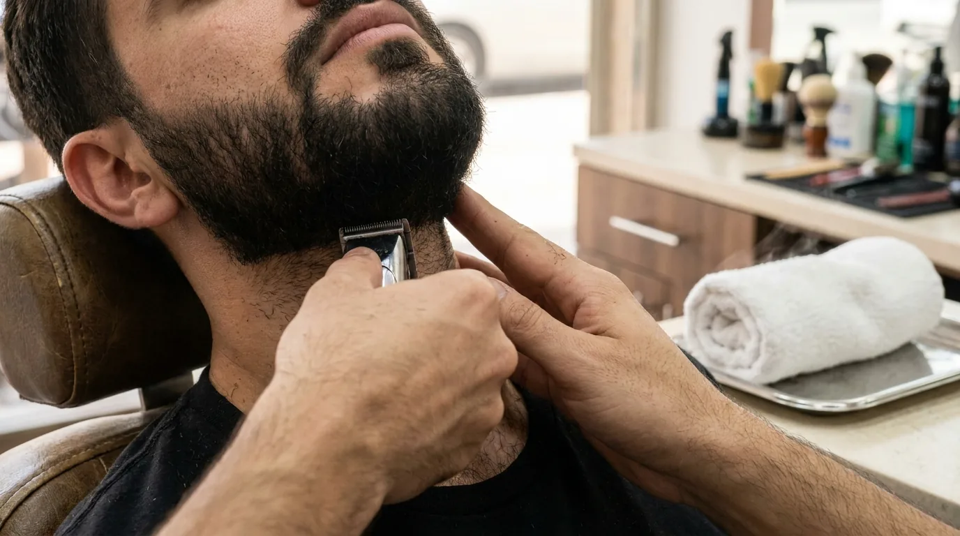 best barber in dubai inline 2 barber shop dubai: barber trimming a client beard with a rolled hot towel on the counter