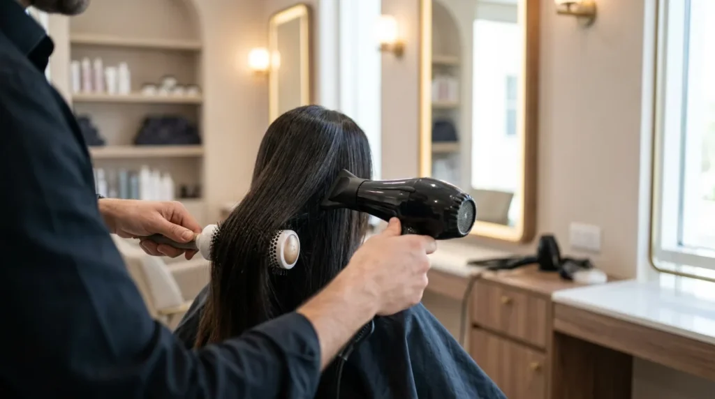 best blow dry dubai: stylist giving a glossy blow dry at a Dubai hair salon