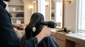best blow dry dubai: stylist giving a glossy blow dry at a Dubai hair salon