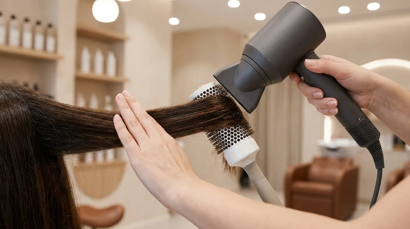 best blow dry dubai inline 1 best blow dry dubai: stylist using a round brush and dryer at a Dubai salon styling station