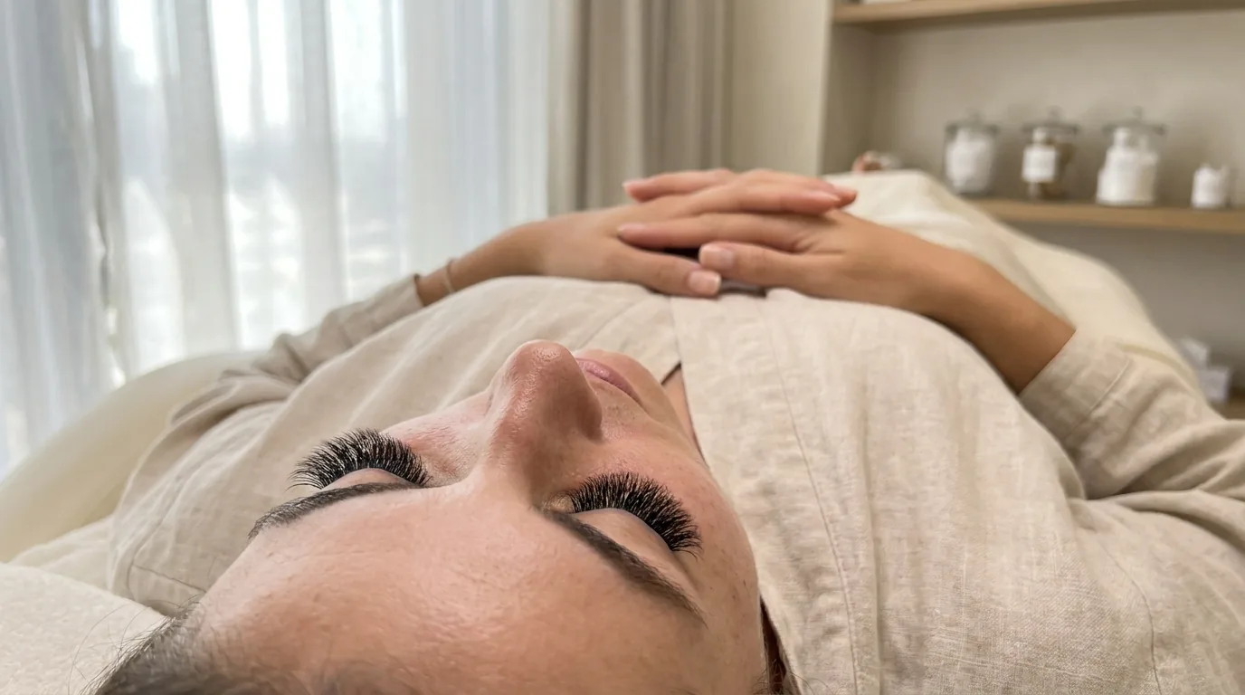 lash extensions dubai: close-up of a finished russian volume set on a client resting during the appointment