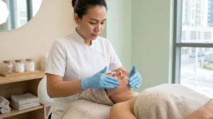 best facial in dubai: licensed esthetician giving a facial treatment to a relaxed client in a calm dubai skin spa