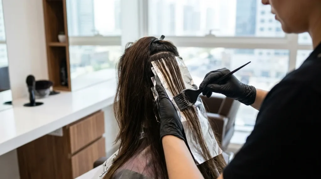 best hair color salon in dubai: colourist applying foil highlights to long brown hair with a city skyline behind
