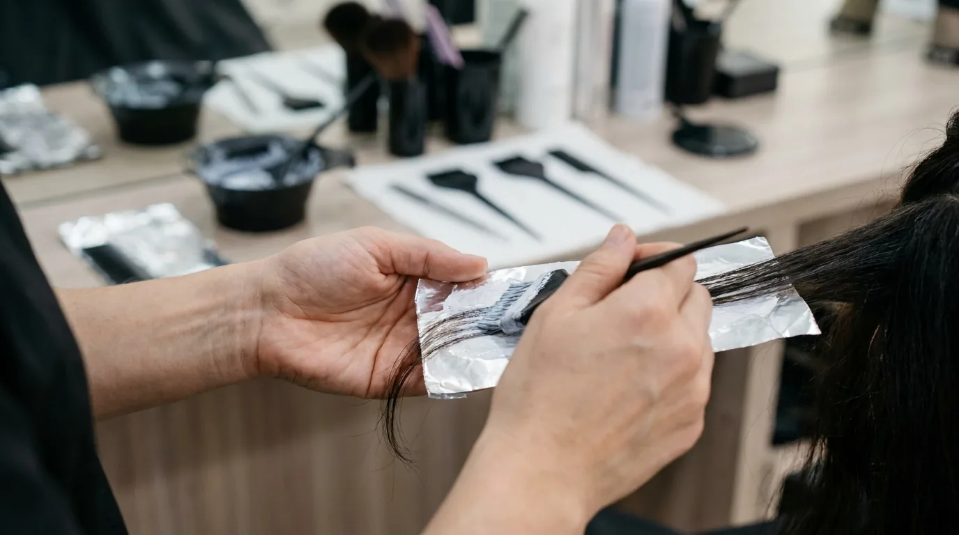 hair color dubai colourist applying balayage foils to a client at a mid-range salon station