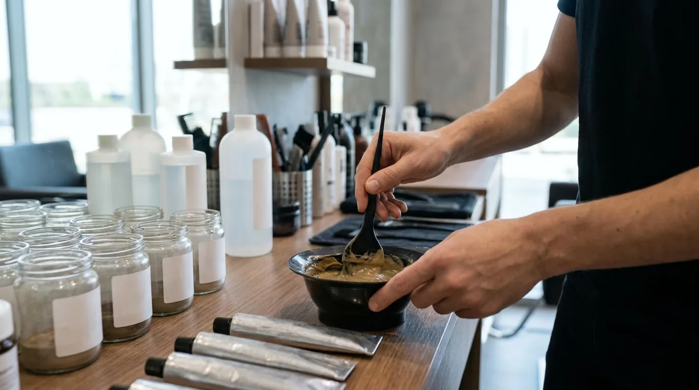 best salon for hair color in dubai colourist mixing custom shade at a professional colour station