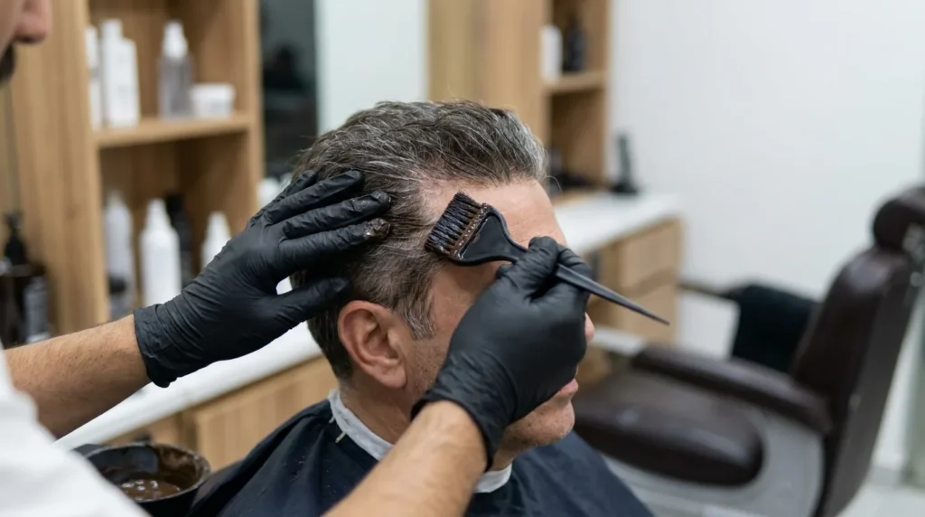 best hair dye for men: barber blending grey colour at a male clients temples in a dubai mens salon