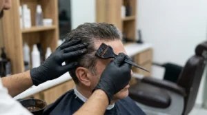 best hair dye for men: barber blending grey colour at a male clients temples in a dubai mens salon