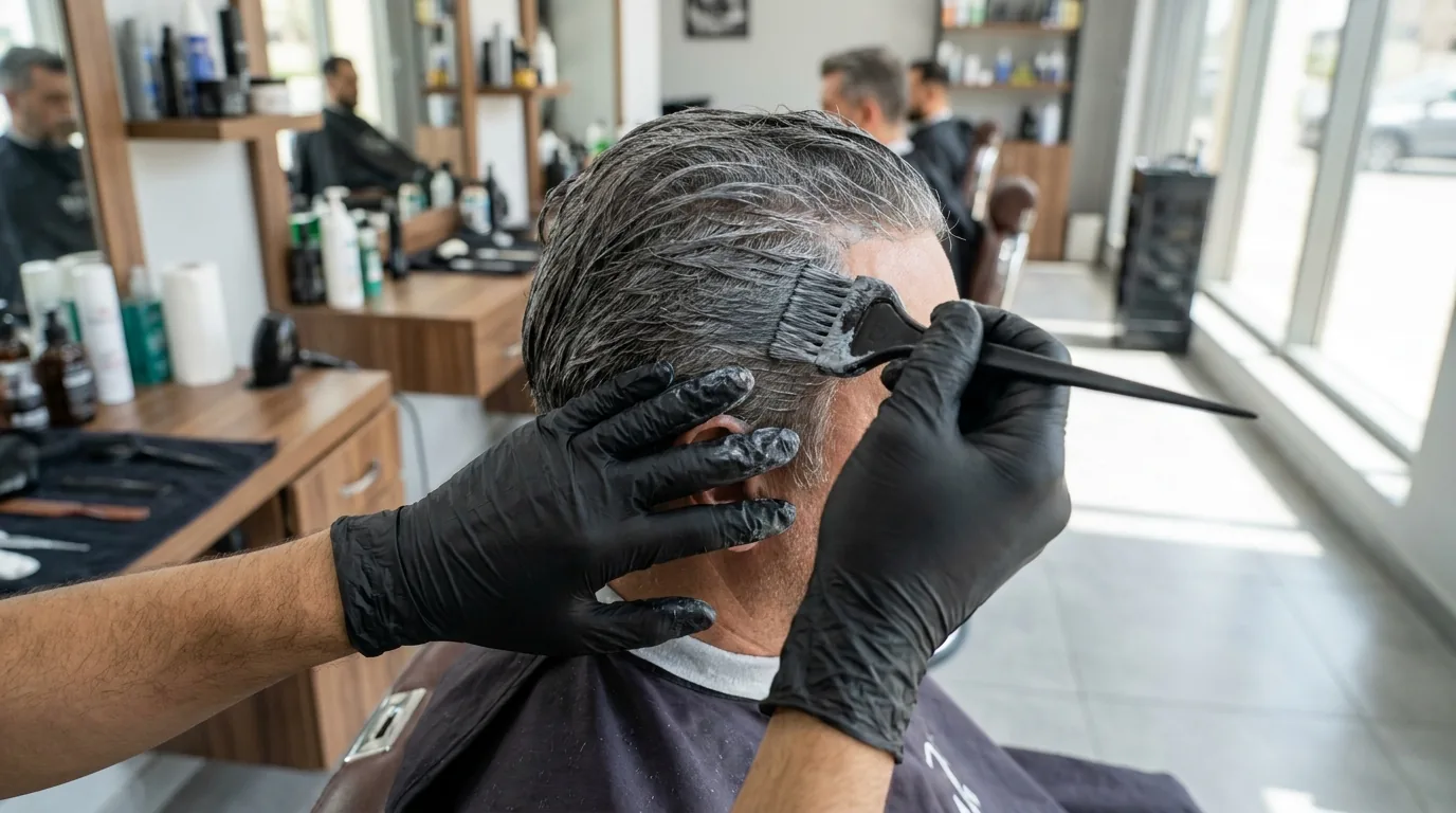 best hair dye for men applied at a dubai barber, gloved hands working colour through grey at the temples