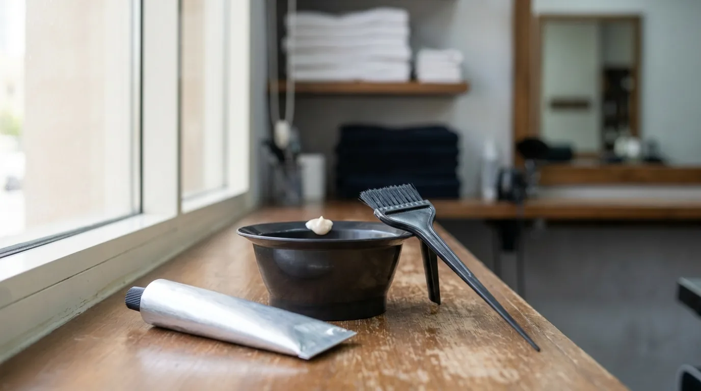 men's hair colour products and applicator brush on a dubai salon counter, natural light