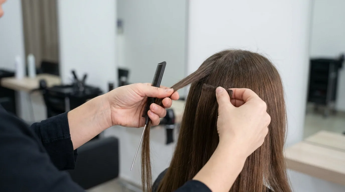 hair extensions dubai fitting with tape-in wefts sectioned at the root in a mid-market salon