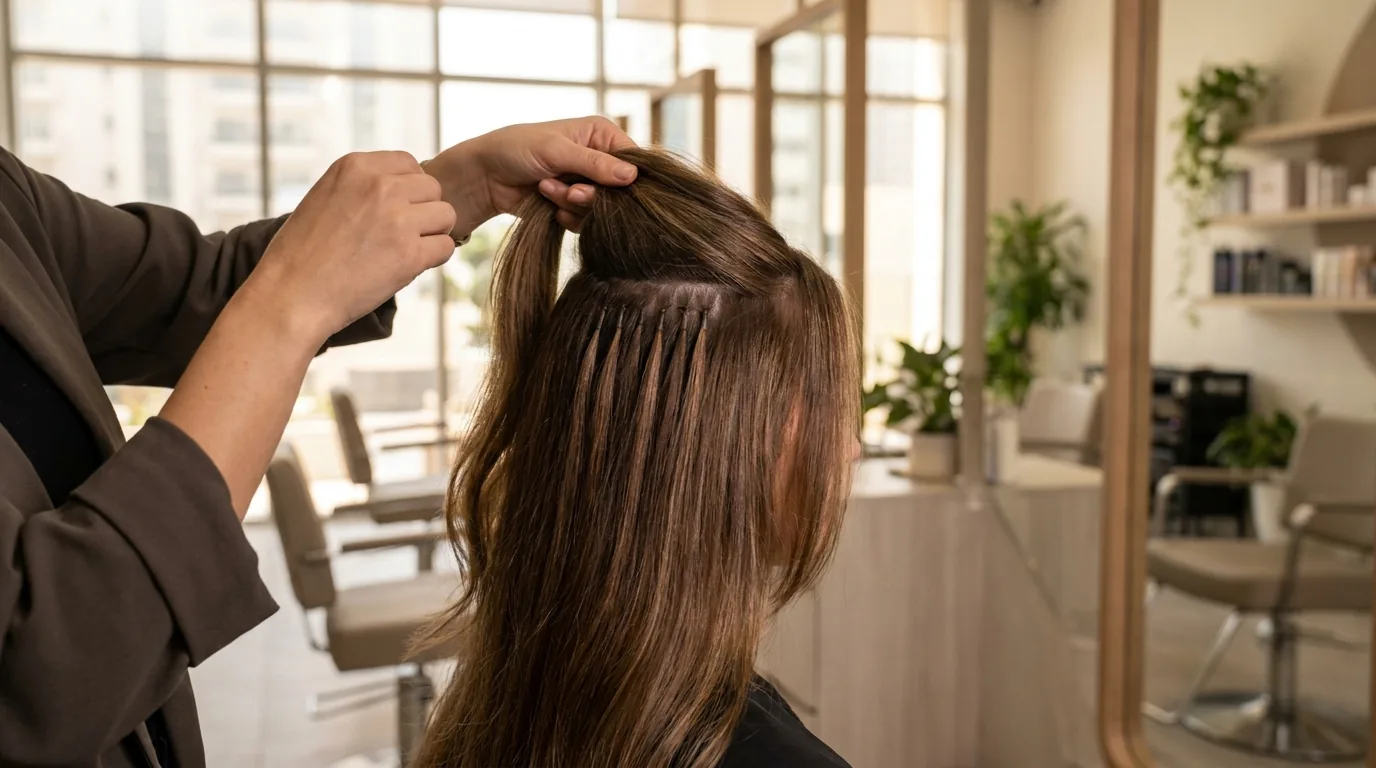 finished micro ring extensions blended into long hair showing a natural root-to-tip transition