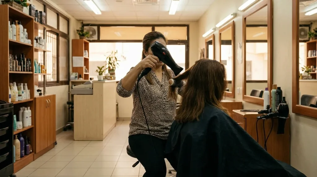 best hair salon in bur dubai: stylist blow-drying a client at a mid-range ladies salon in an older district