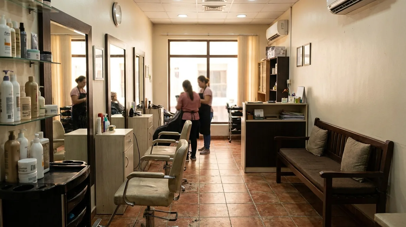 best hair salon in bur dubai interior with styling stations and a waiting bench in an older neighbourhood salon