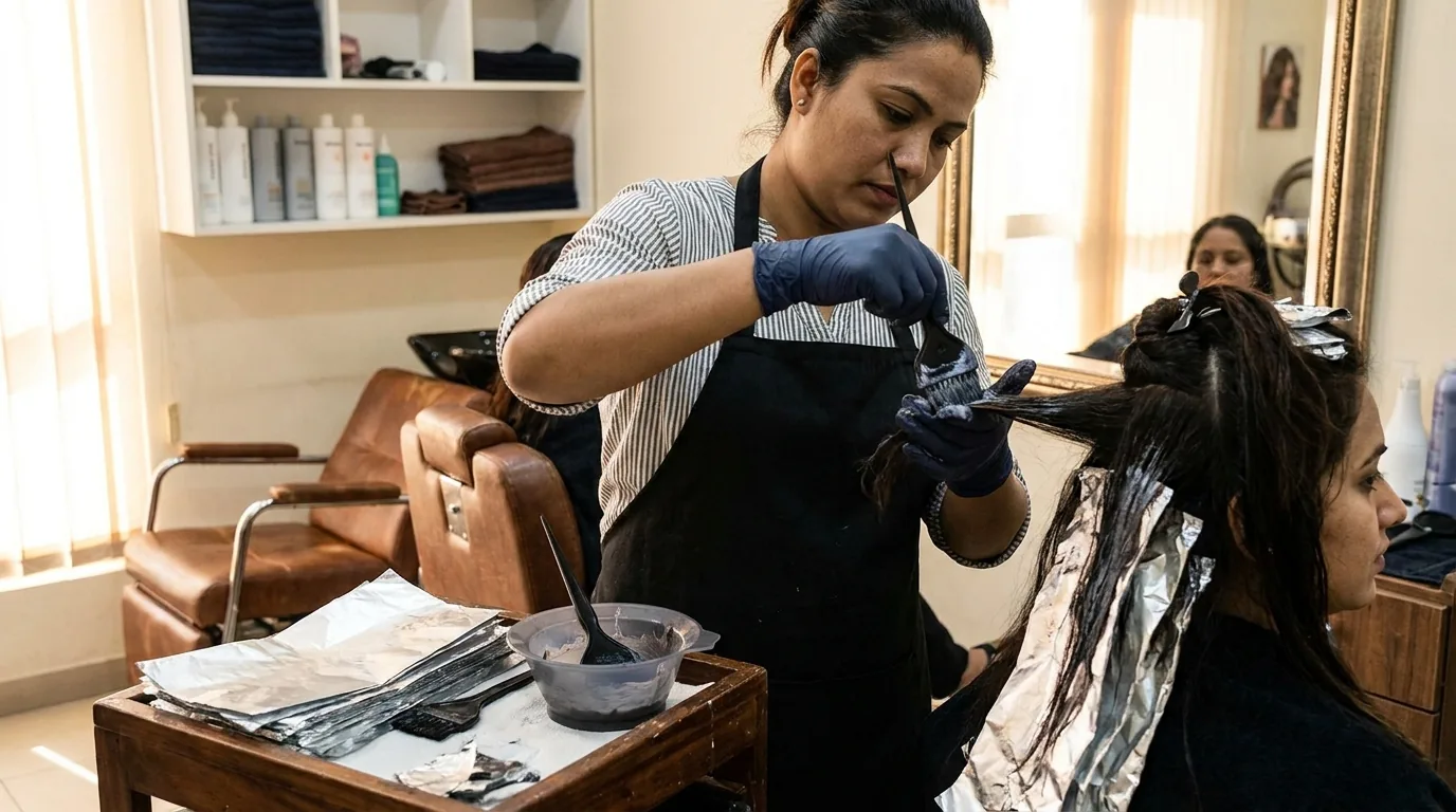 ladies haircut and hair colour service in progress with gloved stylist applying colour at a bur dubai salon