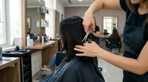 best hair salon in dubai: stylist trimming a client hair at a tidy mid-range dubai salon with mirrors and styling tools