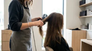 best hair salon in dubai for ladies: female stylist blow-drying a woman client long hair in a bright modern salon