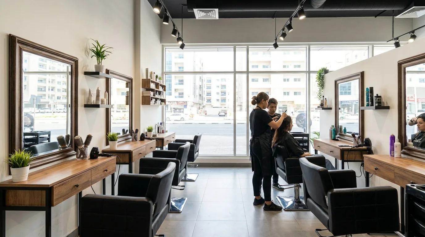 best hair salon in dubai inline 1 tidy mid-range hair salon interior in dubai with styling stations mirrors and a city view through the window