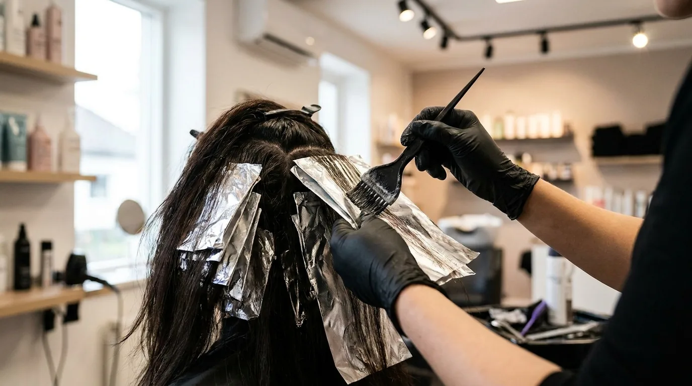 best hair salon in dubai inline 2 hair colour service in progress at a dubai salon foils applied to sectioned hair under salon lighting