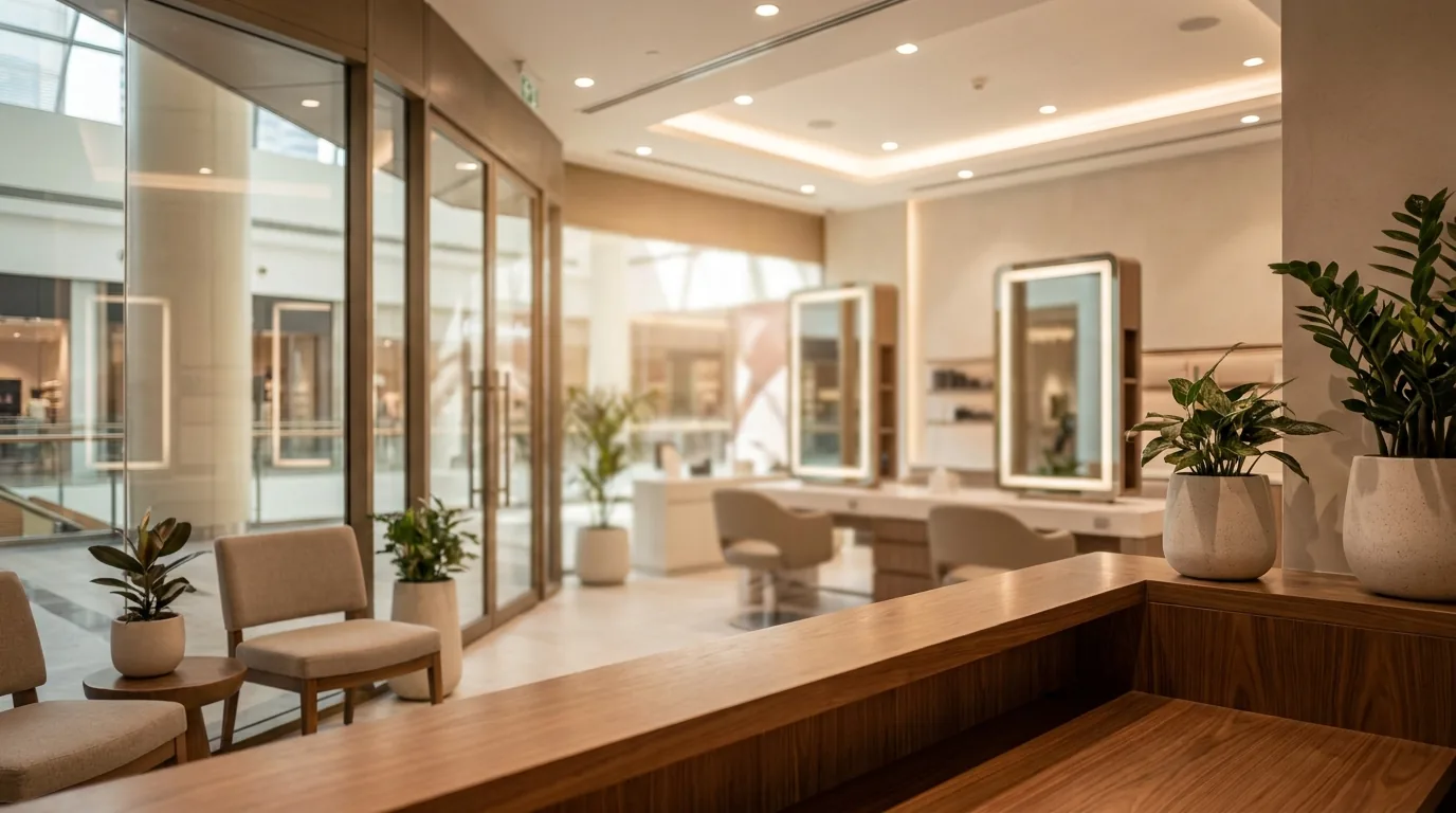 best hair salon in dubai mall inline 2 reception and styling area of a premium dubai mall salon with mall walkway through the glass