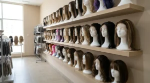 best hair wigs in dubai: human hair and synthetic wigs displayed on stands in a Dubai wig boutique