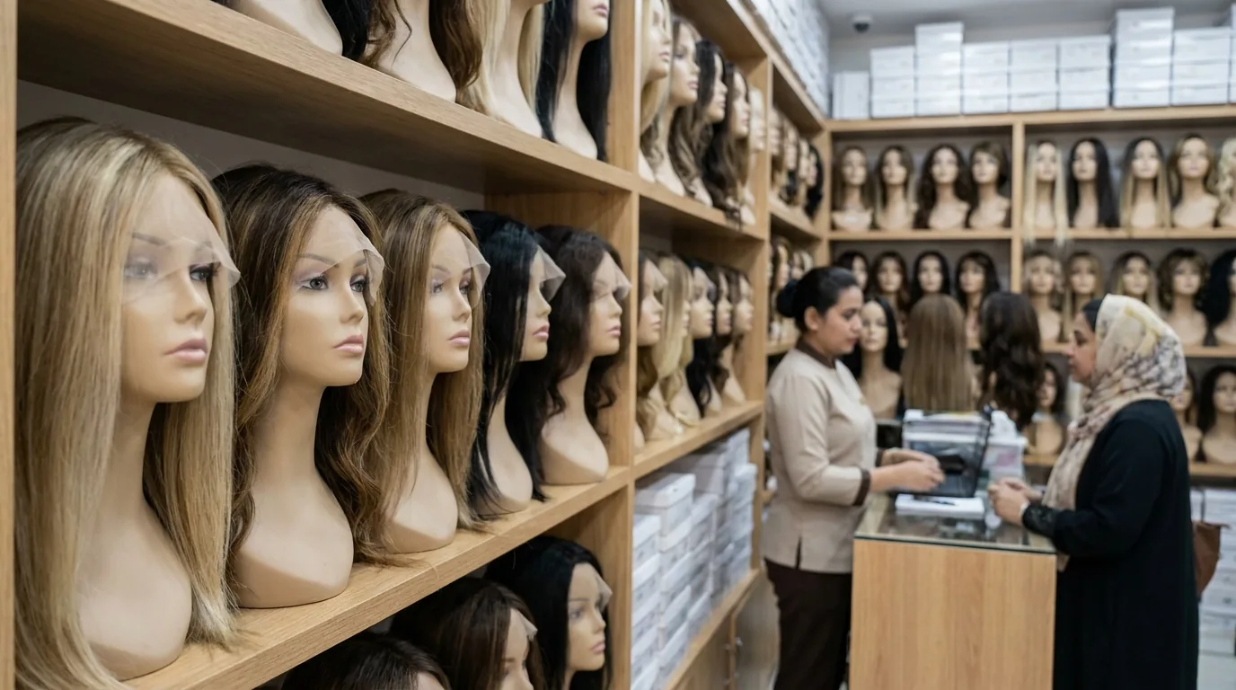 best hair wigs in dubai inline 1 best hair wigs in dubai: human hair lace front wigs displayed on stands in a Dubai wig boutique