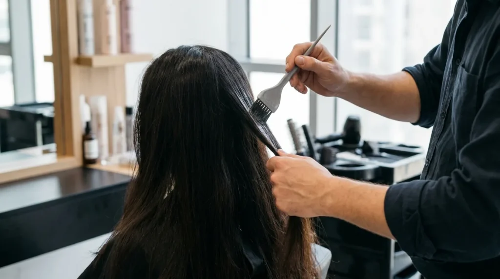 best keratin treatment in dubai: stylist applying keratin smoothing solution to long hair at a dubai salon