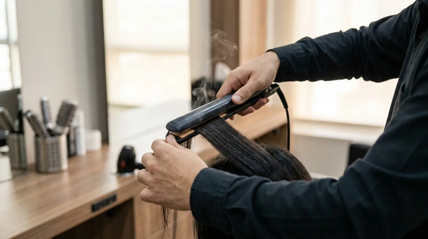 best keratin treatment in dubai inline 1 best keratin treatment in dubai: stylist heat-sealing a keratin treatment with a flat iron at a mid-range salon