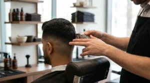 best men's salon in dubai: barber giving a male client a precision skin fade at a mid-range gents salon