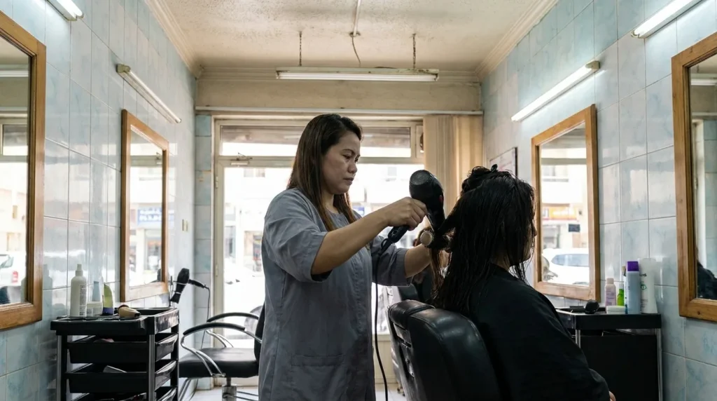 best salon in karama: hairstylist mid blow-dry on a client in a modest older Dubai ladies salon