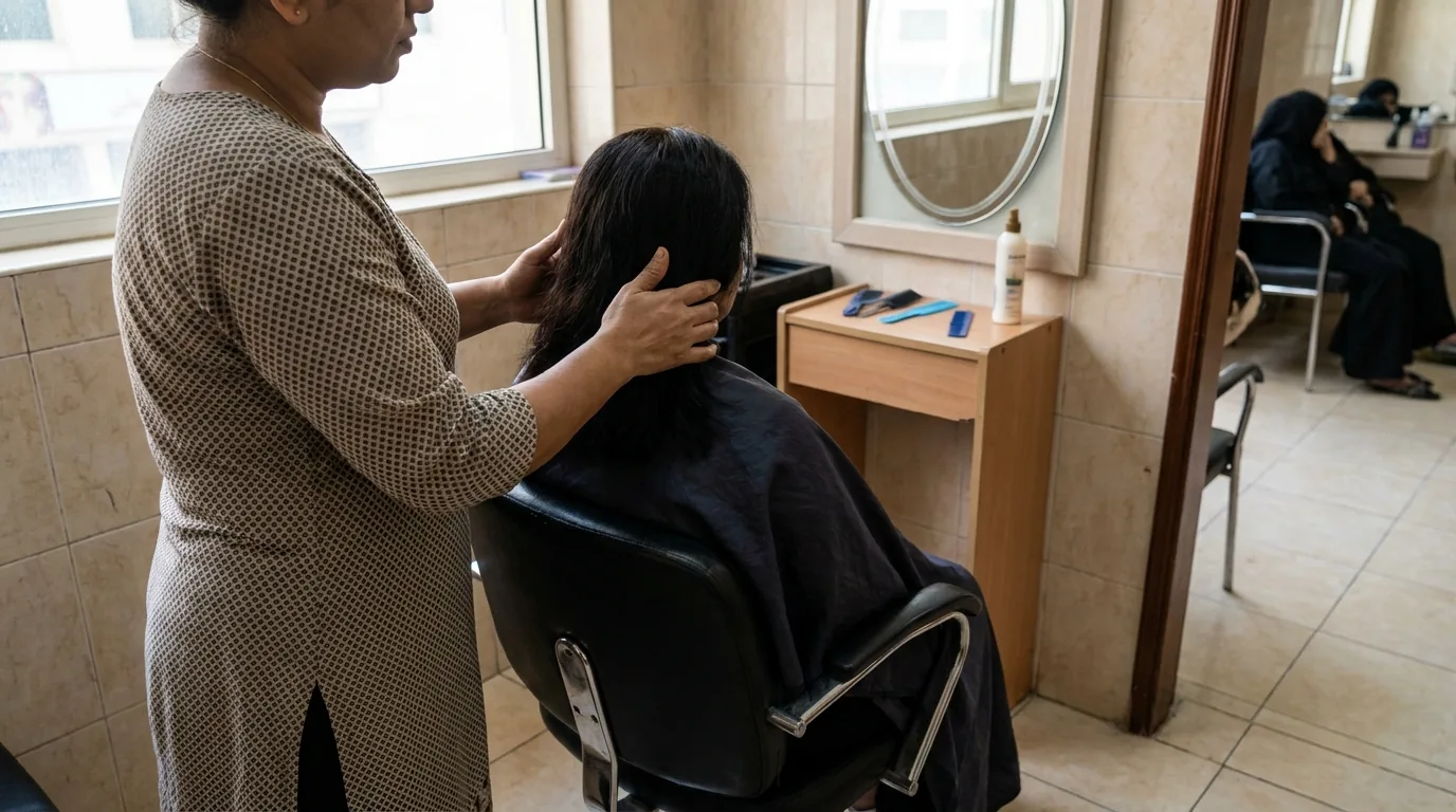 best salon in karama ladies salon interior with stylist at work in a modest older Dubai district