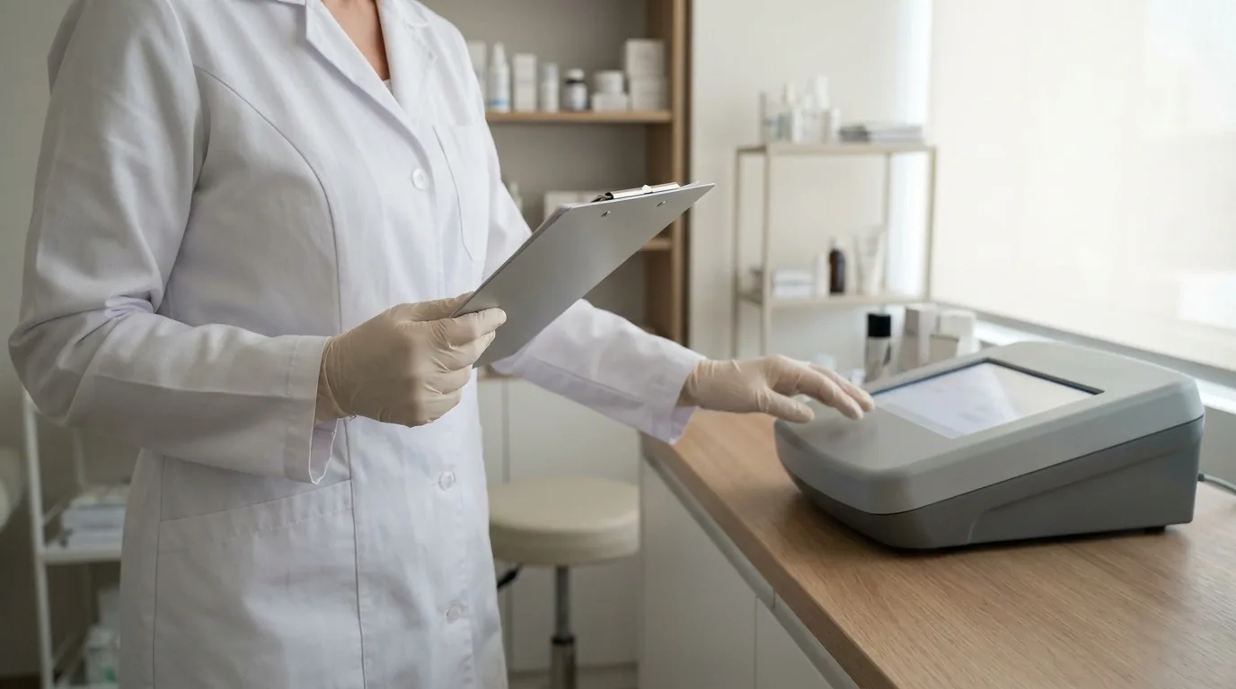 dermatologist reviewing facial pigmentation under clinic lighting during a melasma consultation
