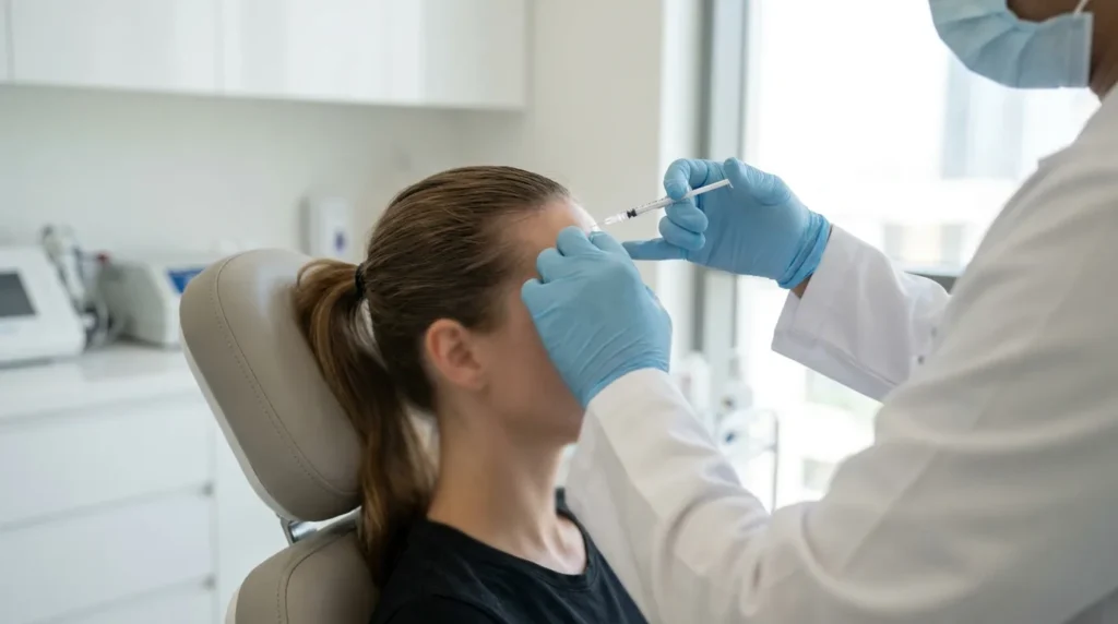 botox dubai session: licensed doctor in a clinic injecting botulinum toxin into a client forehead with gloved hands