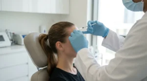 botox dubai session: licensed doctor in a clinic injecting botulinum toxin into a client forehead with gloved hands