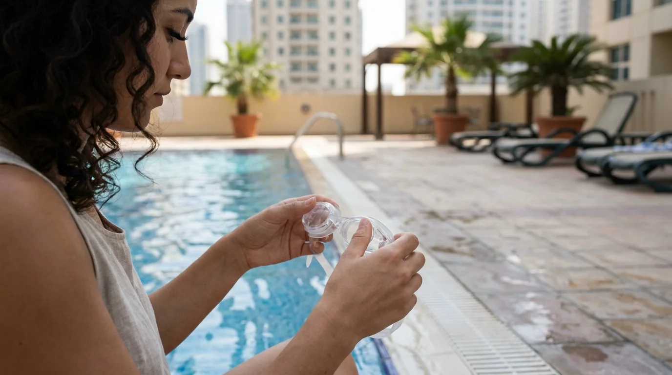 can you get eyelash extensions wet inline 2 woman holding swimming goggles at a Dubai apartment pool before swimming with eyelash extensions