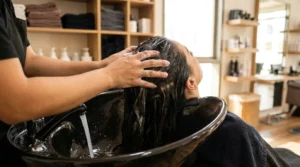 can you wash hair with extensions: salon professional washing a clients hair with installed extensions at a backwash basin