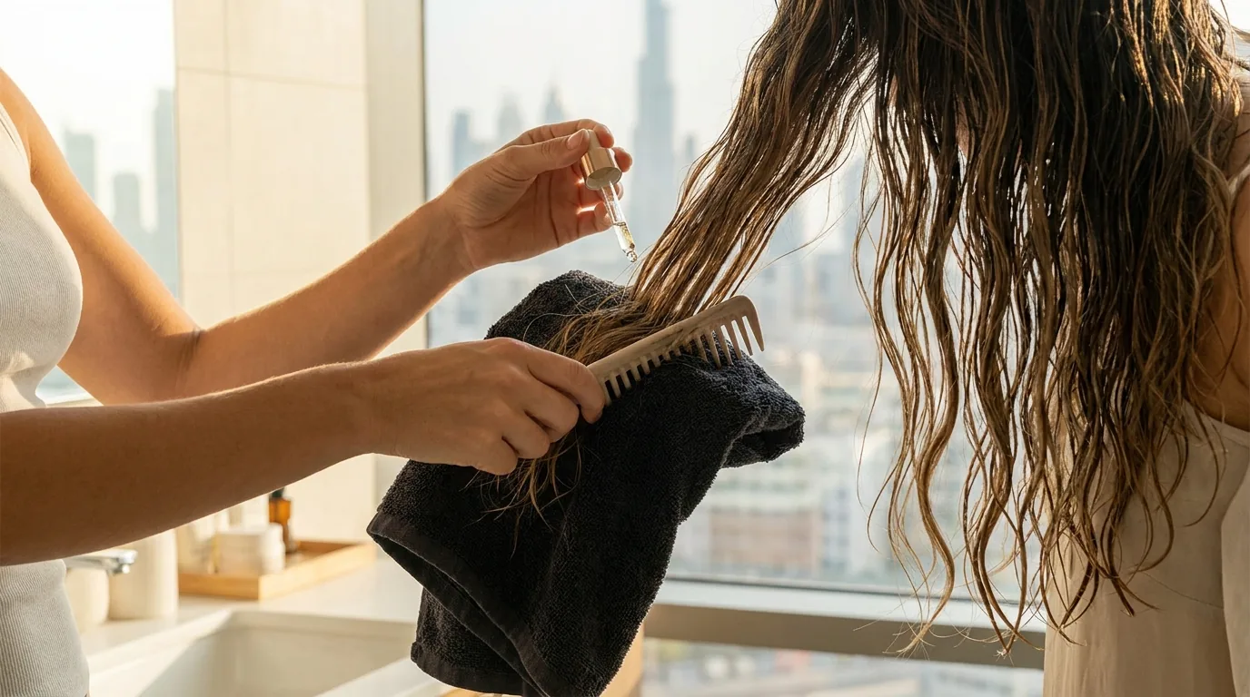 can you wash hair with extensions inline 2 woman detangling wet hair extensions with a wide-tooth comb and applying leave-in conditioner near a window overlooking the Dubai skyline