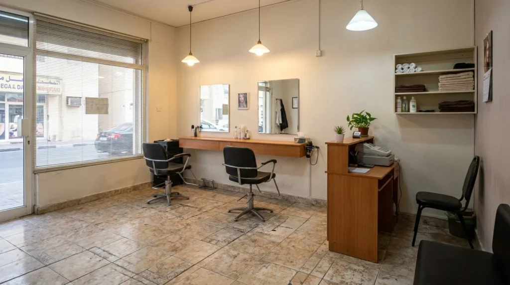 cheap salon in dubai: a tidy modest budget beauty salon interior in an older Dubai district with two simple styling chairs