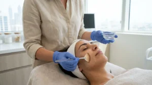 Chemical peel Dubai: practitioner brushing a peel solution onto a client face in a clean skin clinic with the Dubai skyline behind