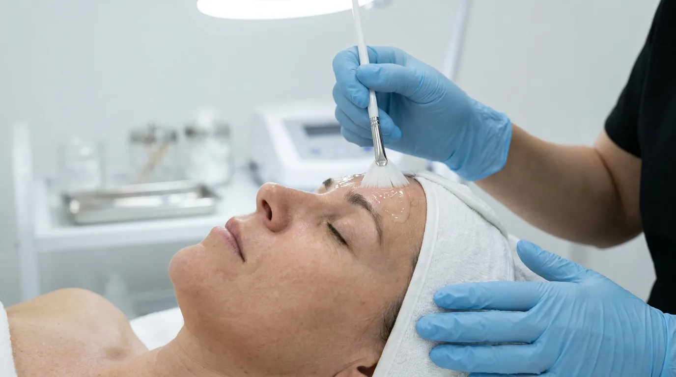 chemical peel dubai treatment: practitioner applying acid solution to client face in a clean skin clinic