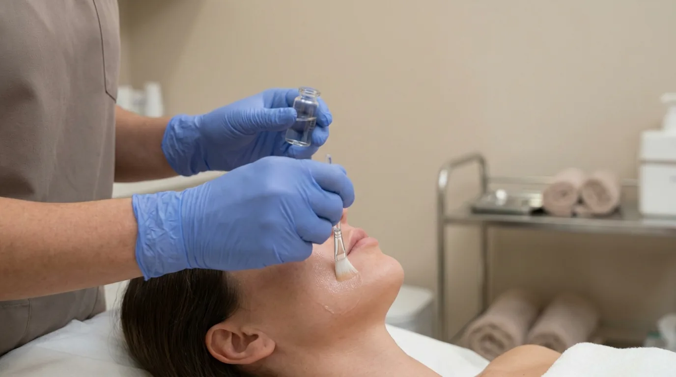 chemical peel application during a Dubai clinic session showing gloved practitioner applying peel solution to client face