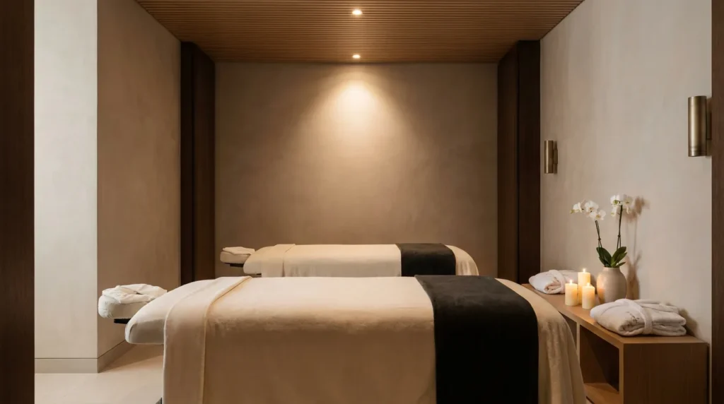 Couple massage Dubai: private couples treatment suite with two parallel tables, candles and neutral spa palette
