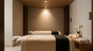 Couple massage Dubai: private couples treatment suite with two parallel tables, candles and neutral spa palette