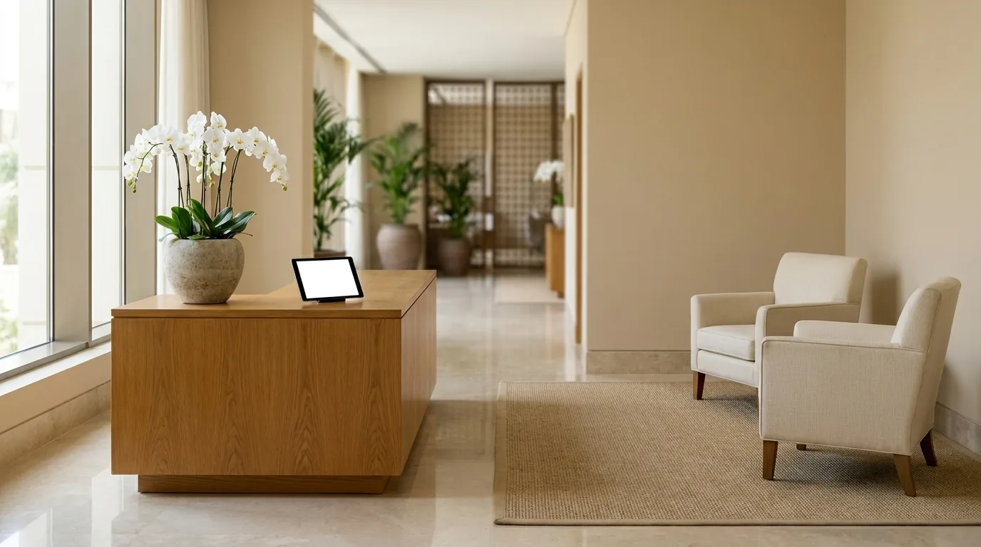couple massage dubai inline 1 couples spa dubai reception with consultation tablet, polished neutral interior, no people
