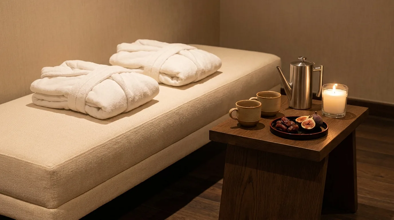 couple massage dubai inline 2 couple massage with jacuzzi dubai post-treatment lounge with two robes, herbal tea and date platter