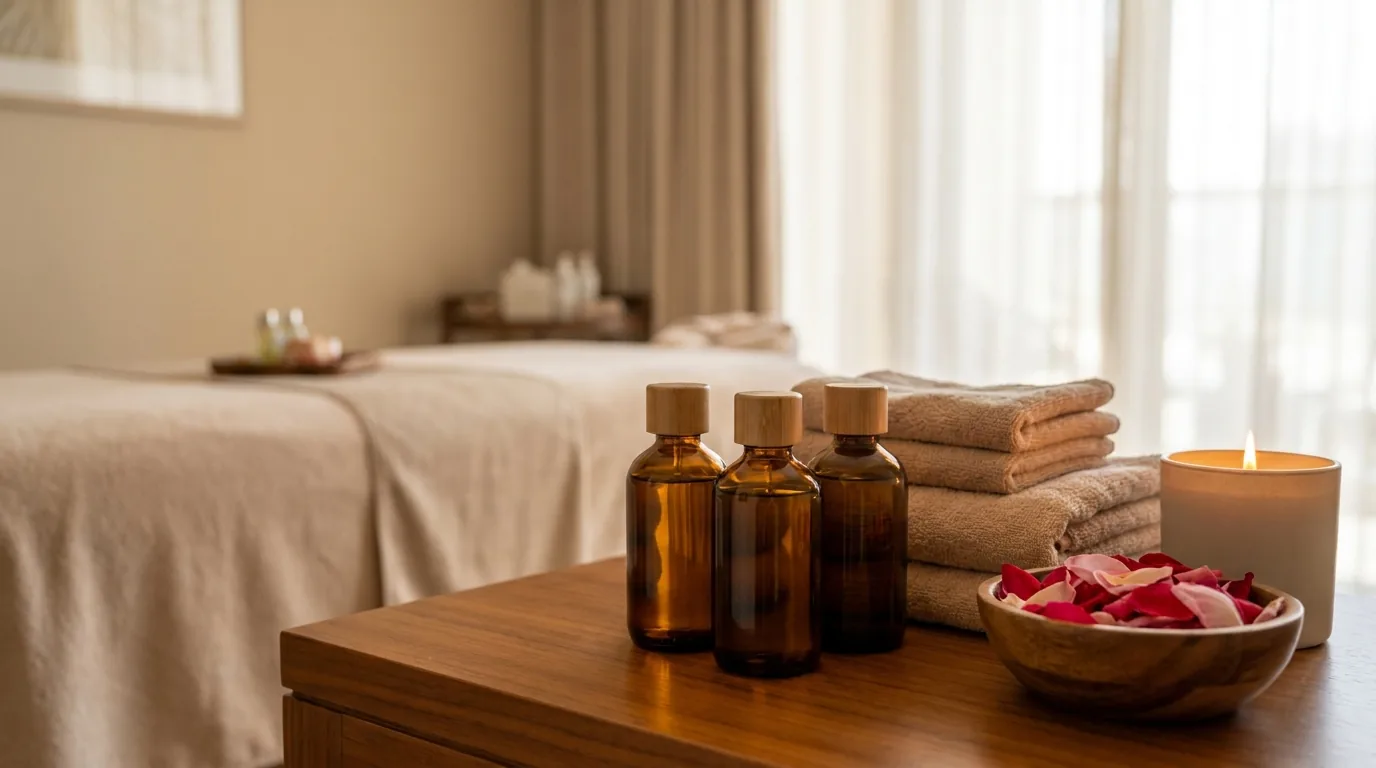 couple spa dubai inline 2 couple massage dubai hotel spa setup with massage oils, towels and candles on a side table