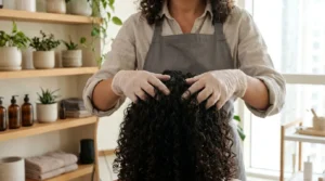 curly hair salon dubai specialist scrunching defined natural curls in a tidy mid-tier studio with city view
