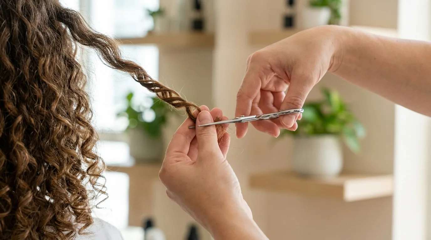 curly hair specialist dry-cutting a single curl with scissors curl by curl