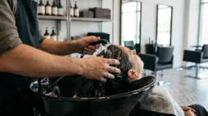 dandruff shampoo applied at a Dubai salon basin as a stylist rinses a clients scalp