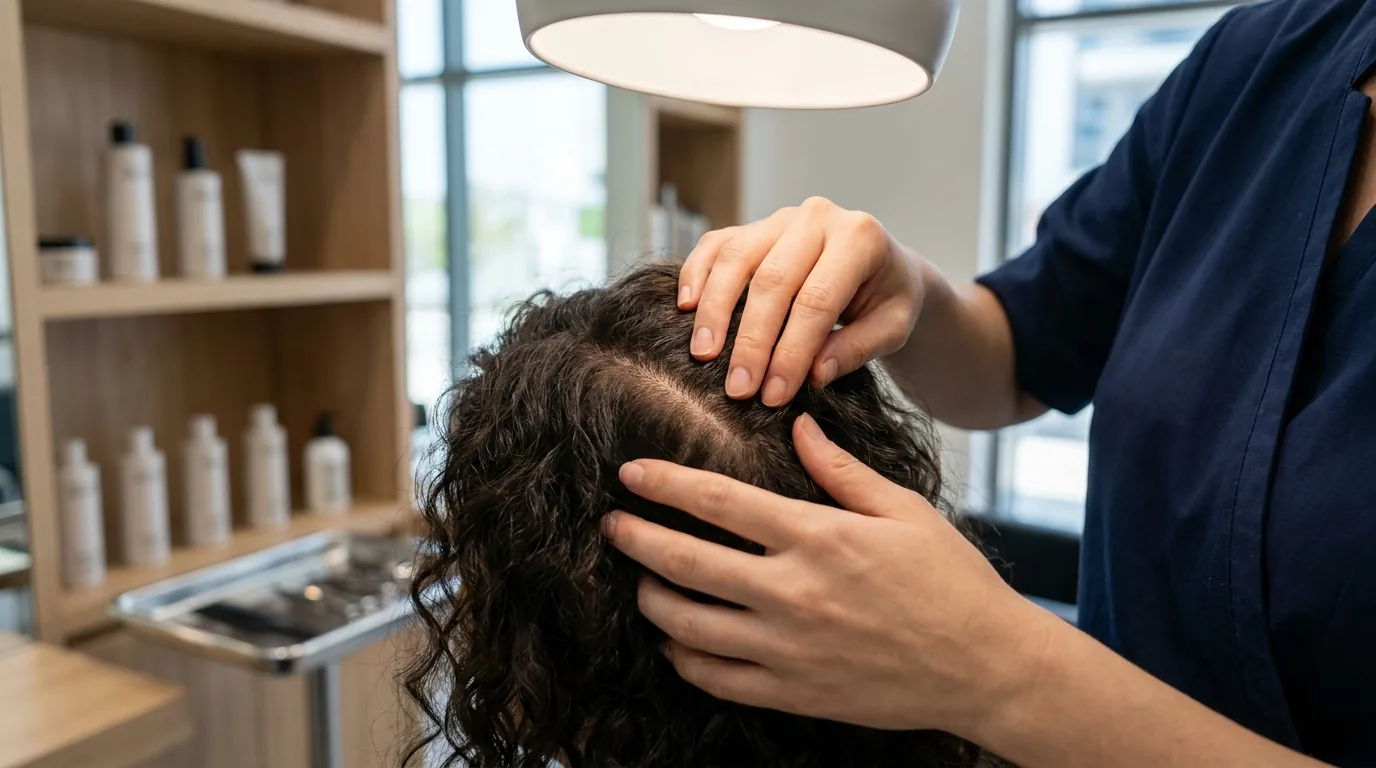 dandruff shampoo inline 1 scalp specialist parting hair to check for dandruff and flakes at a Dubai salon